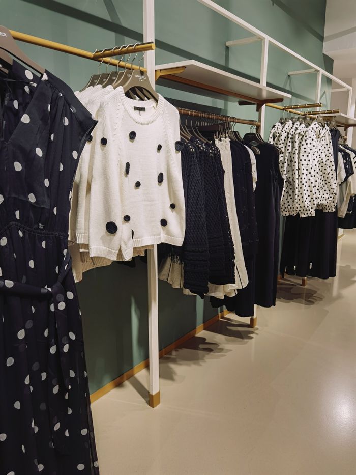 Row of stylish polka dot garments displayed in a chic, modern boutique.